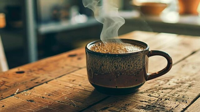 Schwarzer Kaffee dampfend auf Holztisch
