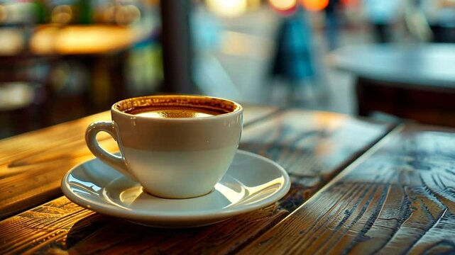 Espresso mit L&ouml;ffel auf Holztisch serviert