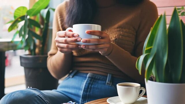 Person h&auml;lt Kaffeetasse in gem&uuml;tlicher Umgebung