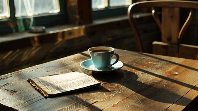 Tasse Kaffee mit Buch auf Holztisch serviert