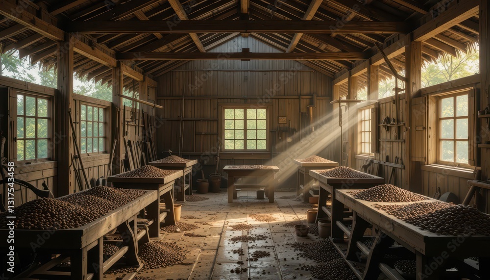Poster rustic workshop with sunlight streaming through open windows