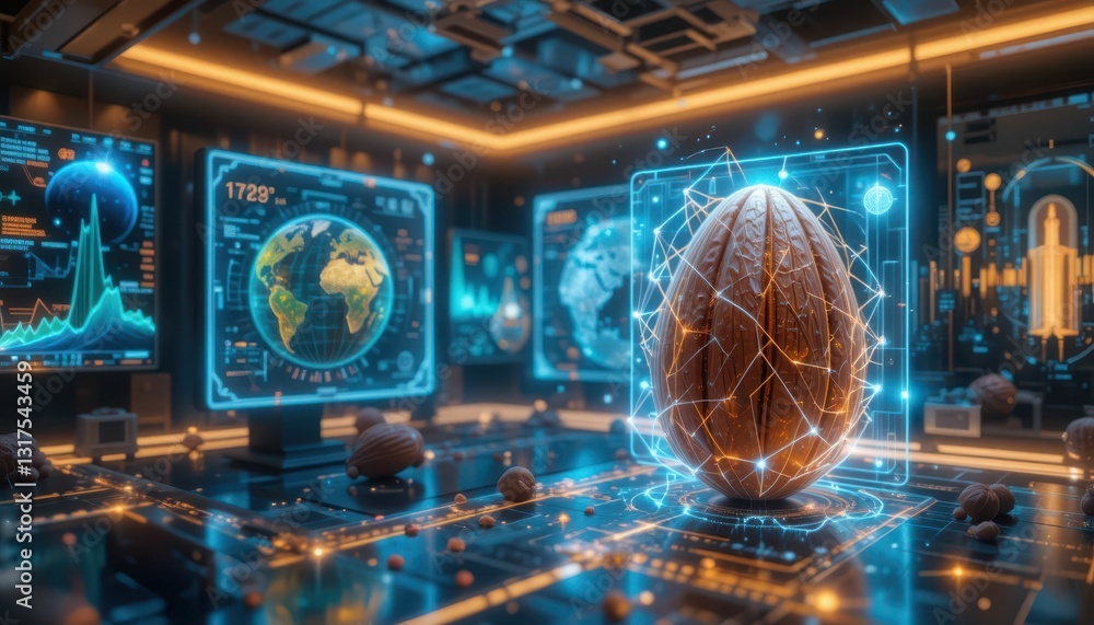Poster futuristic data visualization room with digital egg object