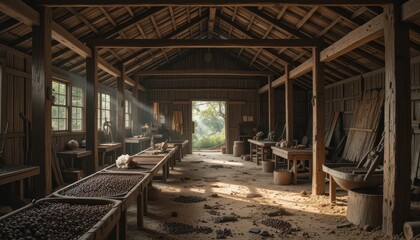 Rustic Workshop Interior with Wooden Tables and Sunlight Streaming