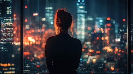 Night City Silhouette: A Woman Gazing at the Urban Lightscape