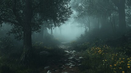 Fototapeta premium Misty Forest Pathway with Wildflowers and Fog in Surrounding Nature