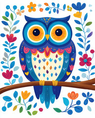 Obraz premium owl whimsical owl perched on branch surrounded by colorful flowers and leaves