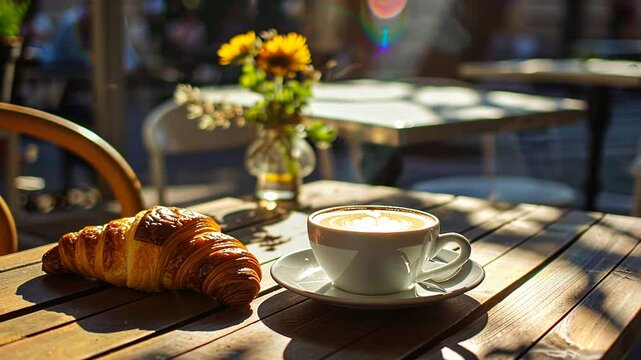Kaffee mit Croissant in sonnigem Caf&eacute; serviert