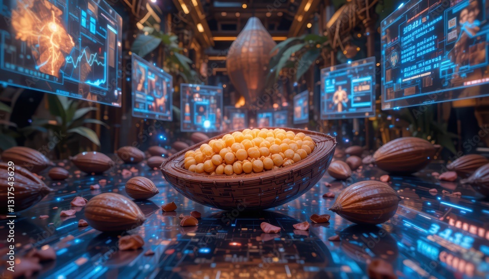 Poster Futuristic Cocoa Pod with Digital Data Overlay in Modern Environment
