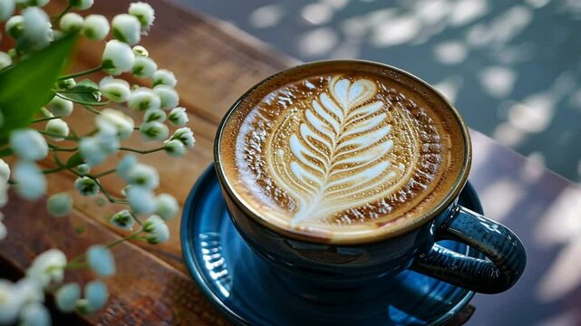 Cappuccino in blauer Tasse mit Bl&uuml;mchendeko serviert