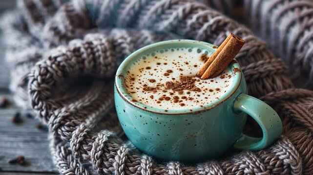 Milchkaffee mit Zimt in gem&uuml;tlicher Atmosph&auml;re
