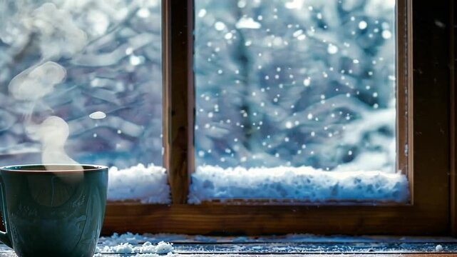 Dampfende Kaffeetasse auf Fensterbrett mit Schnee