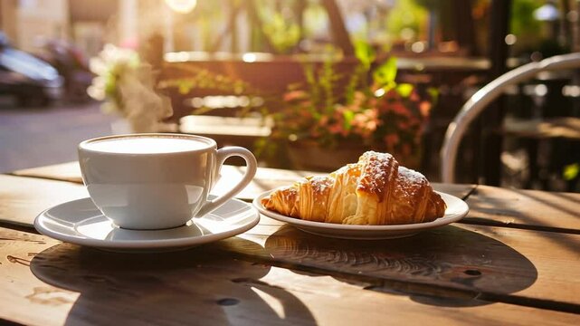 Kaffee mit Croissant in sonnigem Garten serviert