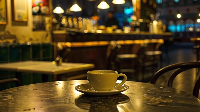 Tasse Kaffee in gem&uuml;tlichem Caf&eacute; mit warmem Licht