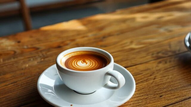 Espresso auf wei&szlig;em Porzellanteller mit L&ouml;ffel serviert