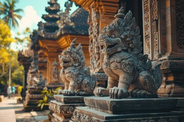 Obraz premium An ancient temple with ornate carvings and statues depicting mythical creatures . A serene view of the Temple of the Sun in Ubud, Bali, showcasing its intricate architecture .