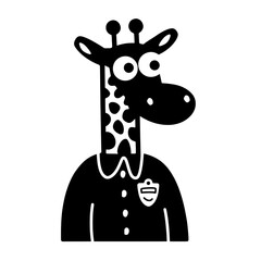 Cheerful cartoon giraffe wearing a shirt and badge, perfect for children's art, education, and playful designs
