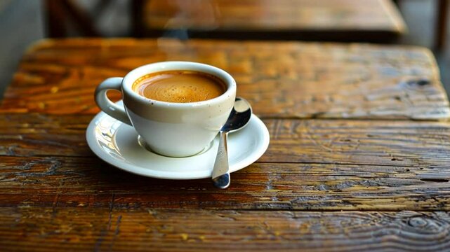 Klassischer Espresso auf rustikalem Holztisch serviert