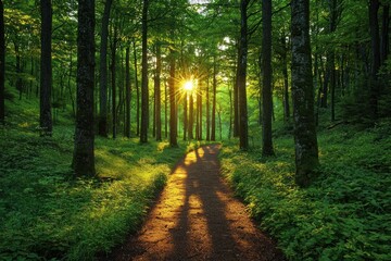 Fototapeta premium Forest path with sunlight filtering through tall trees, creating dappled light and shadows