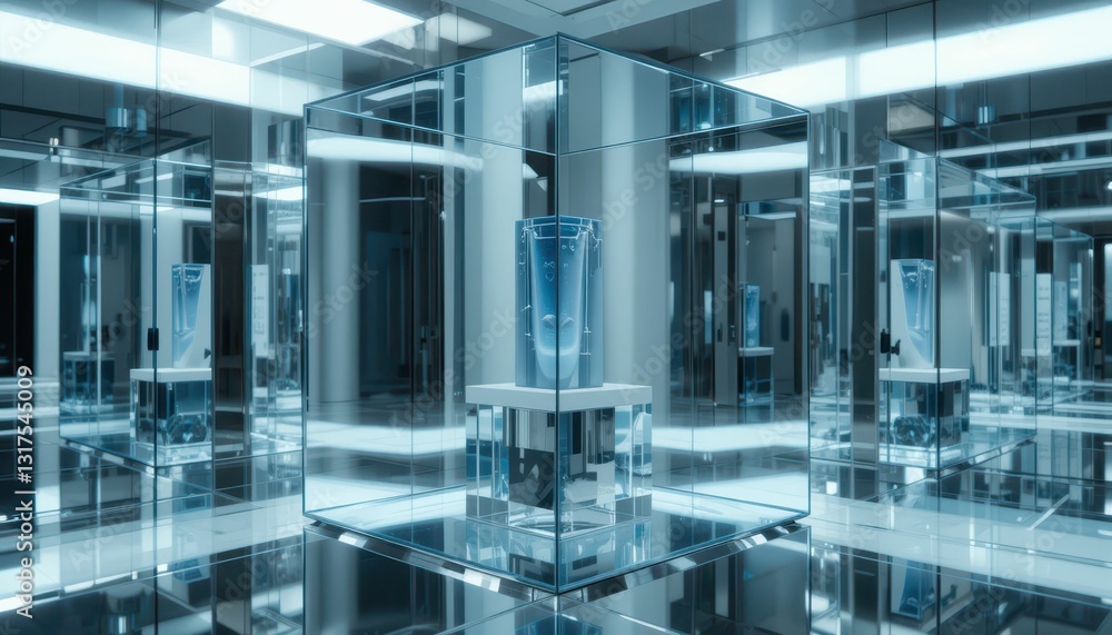 Poster futuristic display of a blue object in a reflective environment