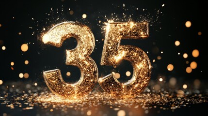 Sparkling Gold Number 35 with Glitter and Bokeh Lights