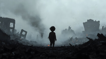 Obraz premium A child standing amidst the ruins of destruction, symbolizing hope in a devastated world.