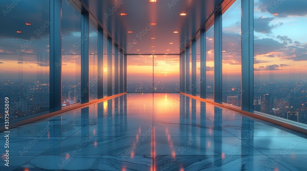 Poster sunset view from a modern office building with floor-to-ceiling windows