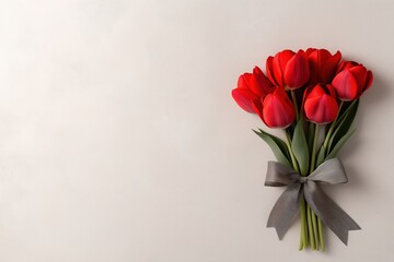 Bold crimson tulips tied with a smoky gray ribbon on a soft ivory background with copyspace for creative use