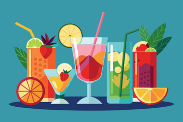 A collection of beautifully crafted beverages with fresh fruit garnishes arranged attractively on a surface, Set of delicious cocktails