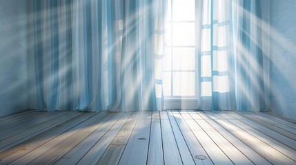 3D render of an abstract background with blue and white vertical striped curtains on a wooden floor