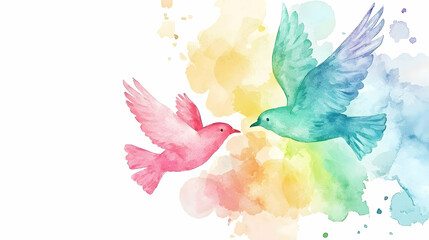 Fototapeta premium Two colorful birds in flight, watercolor style, rainbow background, perfect for greeting cards