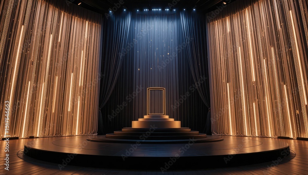Poster elegant stage setup with soft lighting and draped curtains