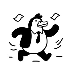 Obraz premium Dapper penguin in a business suit cheerfully running with money flying through the air during a sunny day