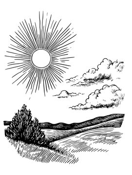 Bright sun rays shine over a tranquil landscape with rolling hills and fluffy clouds floating in a serene sky