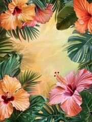 Tropical Floral Border with Hibiscus Flowers and Palm Leaves