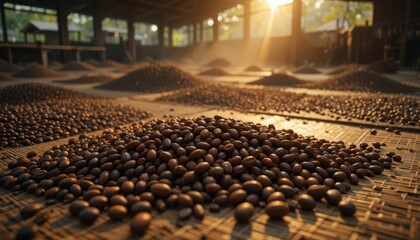 Fototapeta premium Sunlit Coffee Beans Spread Across a Drying Floor in Warehouse