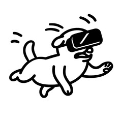 Exciting dog experience in virtual reality while playfully bounding through a digital landscape in a vibrant illustration