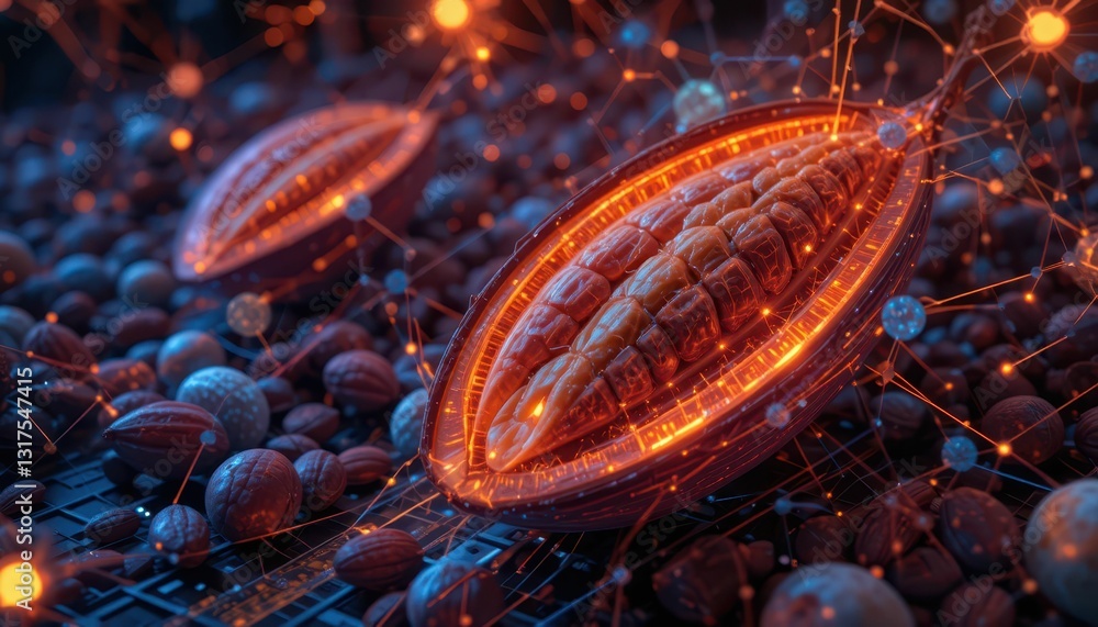 Poster intricate texture of nuts and seeds with futuristic digital elements