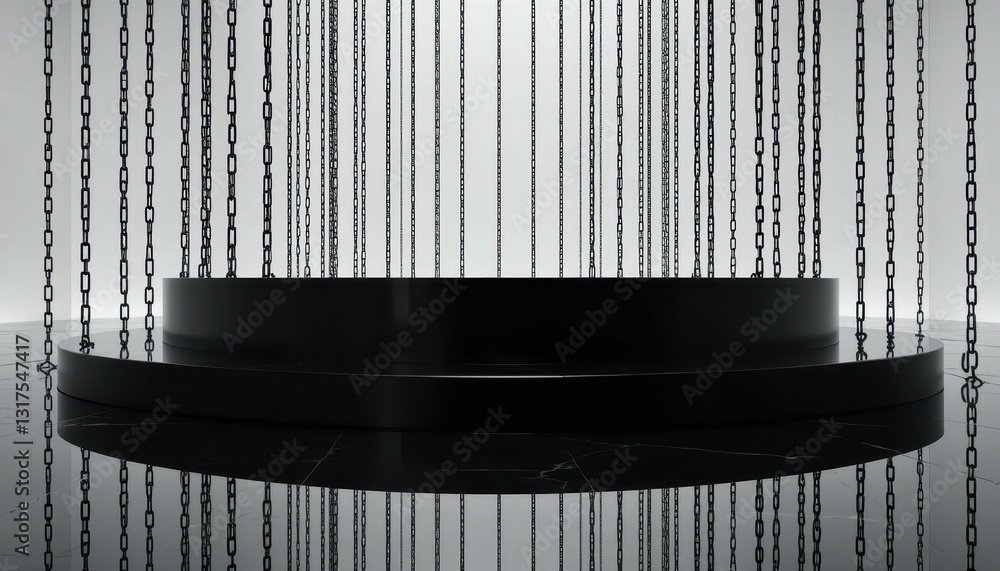 Poster dark circular platform surrounded by chains and reflection on floor