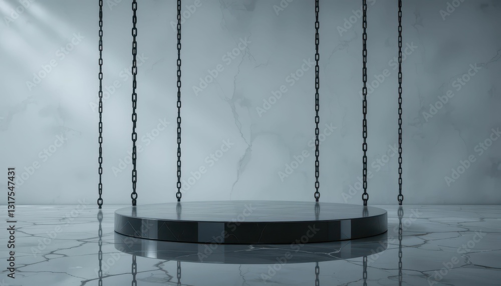Poster dark round platform with chains in minimalist studio environment