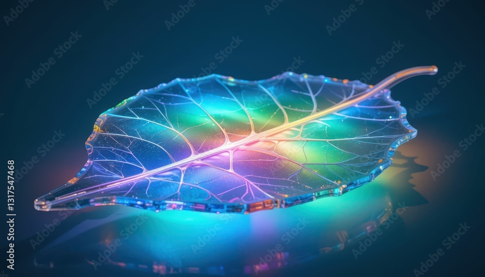 Poster colorful transparent leaf with bokeh light effect on dark background