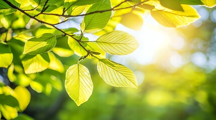 Closeup of Sunlit Green Leaves on a Tree Branch