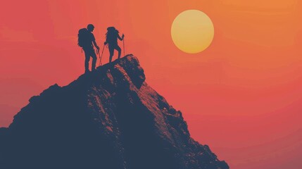 Two Hikers on a Mountain Peak at Sunset