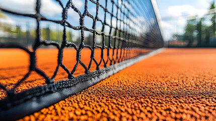 Close up of a padel net on a tennis court, athletic backdrop