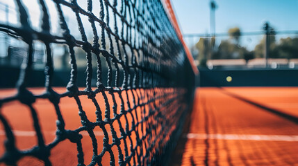 Close up of a padel net on a tennis court, athletic backdrop