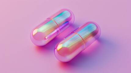Two Iridescent Capsules on a Pink Background