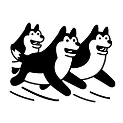 Dynamic trio of playful huskies sprinting joyfully across a snowy landscape