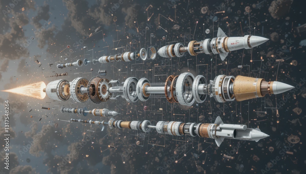 Poster futuristic rocket design with detailed components and launch sequence