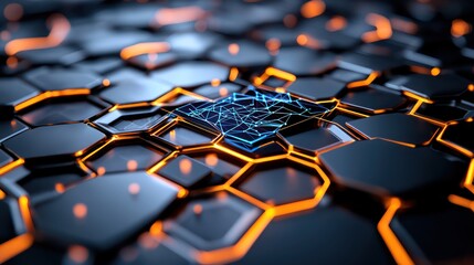 Abstract Digital Network Featuring Hexagonal Structures and Illuminated Lines