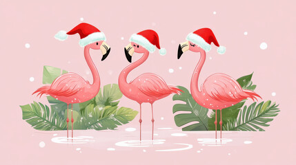 Obraz premium festive flamingos in santa hats standing in water with snowflakes