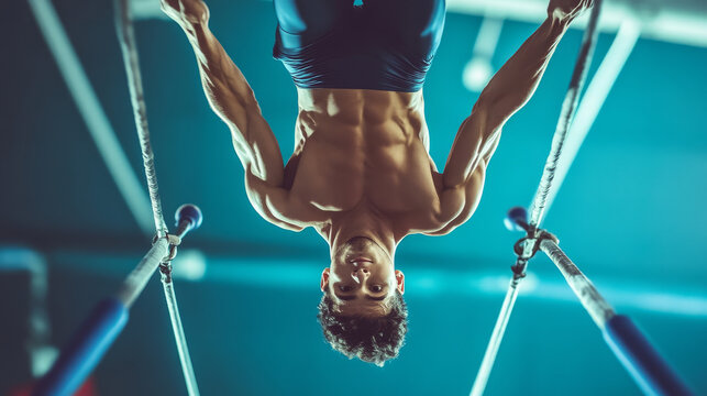Male gymnast set of banners vector illustration. Competitive gymnastic. Horizontal bar. Parallel bars. Balance beam. Athlete man. Exercising men in different poses. Sportsman training.